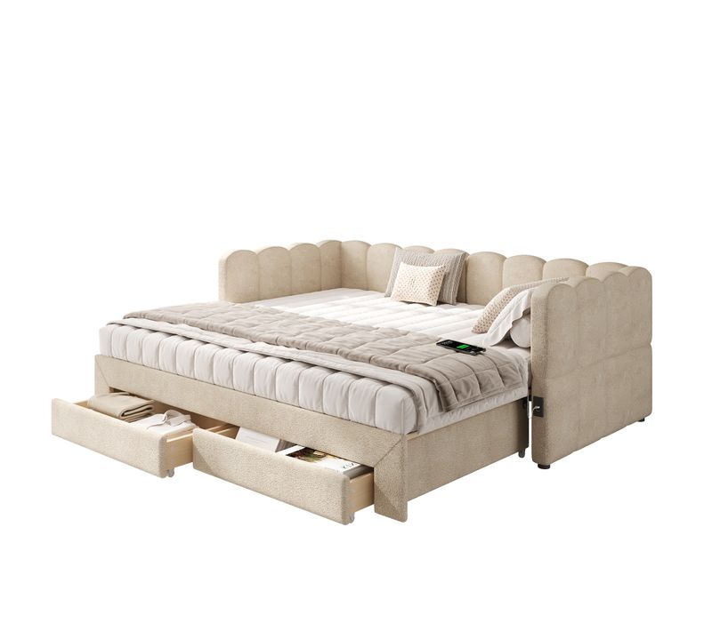 Lit Enfant Gigogne 90x190 Cm Extensible 180x190 Avec 2 Tiroirs, Ports USB/type-c, Chenille Beige