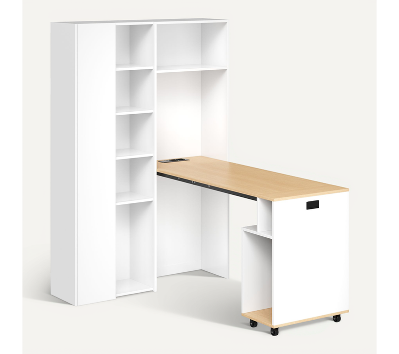 Bureau D’angle Pliable 2-en-1 104.5x30.5x160 Cm Blanc Avec étagères Réglables Et Ports USB