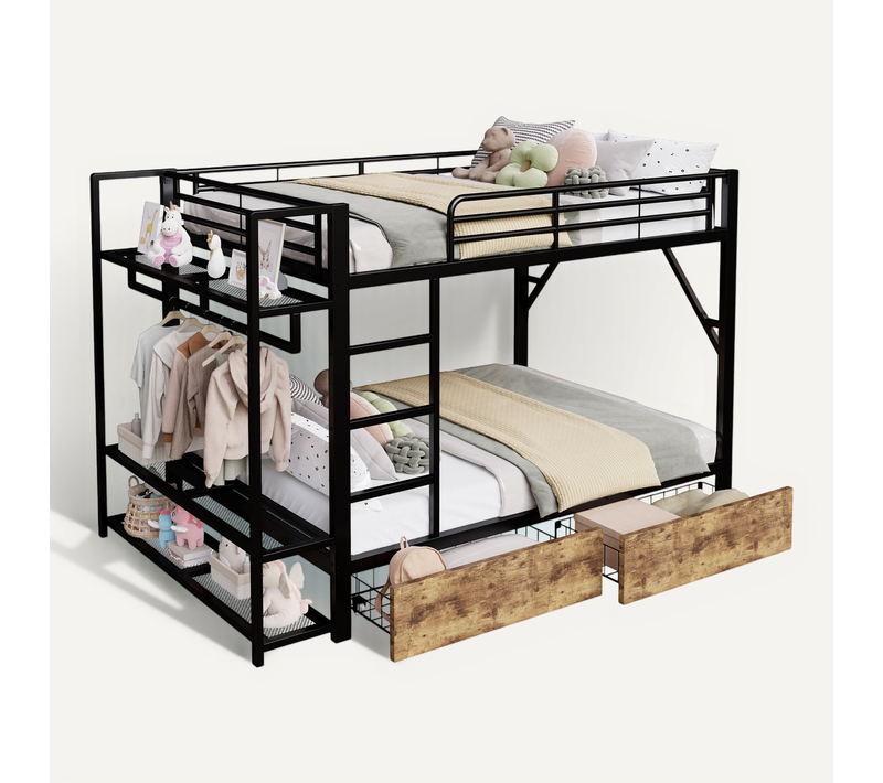 Lit Superposé Enfant 140x200 Cm Avec échelle, LED, 2 Tiroirs Et étagères, En Métal Noir