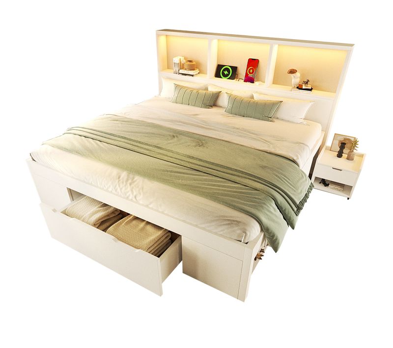 Lit 140x190 Cm 2 Places Bois Blanc Avec LED, Ports USB/type-c, Tiroirs Et Chevets Mobile