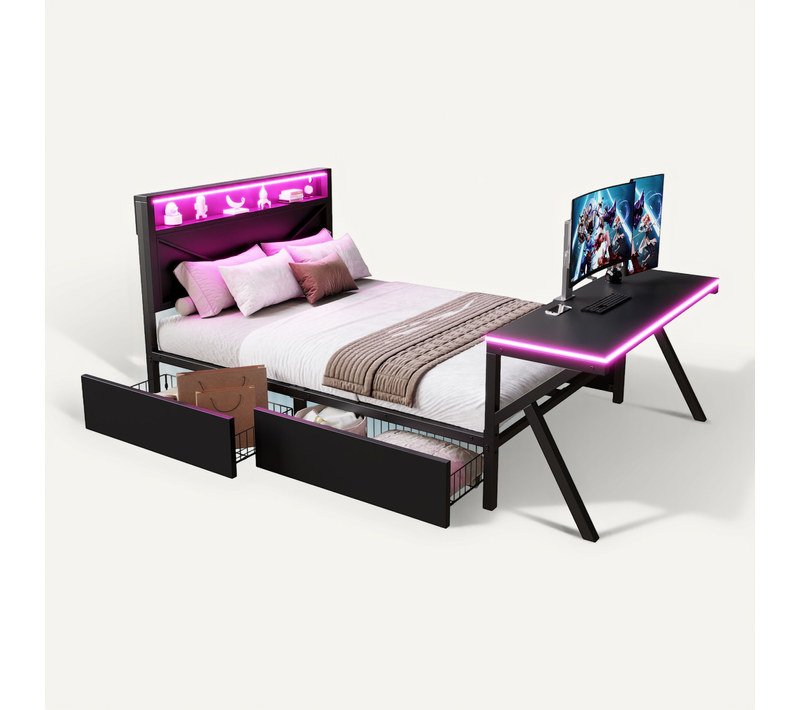 Lit Adulte LED 140x200 Cm 2 Places Avec Bureau Intégré Et 2 Tiroirs, Métal Noir