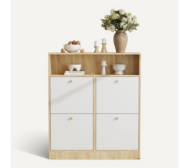 Meuble à Chaussures 90x24x104,5 Cm Naturel Et Blanc Avec 4 Abattants, Niche Ouverte, Meuble Entrée