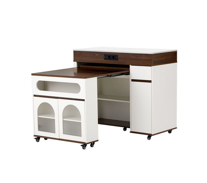 Îlot De Cuisine Extensible, Desserte Buffet Avec Prises, Tiroir Et Portes En Verre, Blanc Et Noyer