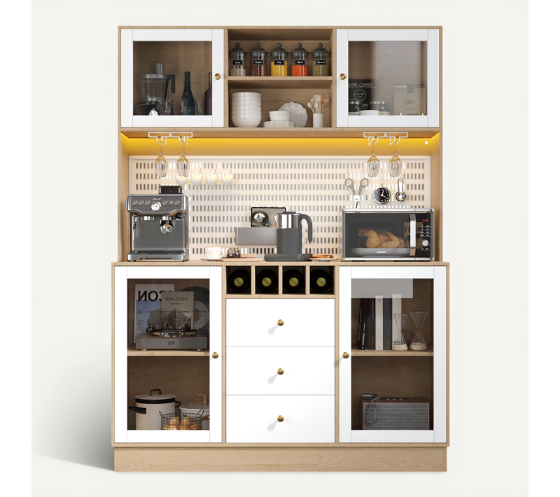 Armoire Haute De Cuisine, Buffet Avec LED Et Rangement Vin, Verre Et Métal, Blanc 140x40x185,7 Cm