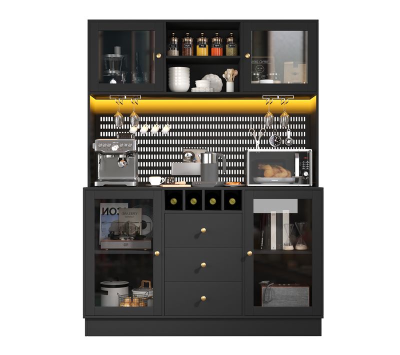 Buffet Haut De Cuisine, Armoire 140x40x185,7 Cm Noir Avec LED, Tiroirs Et Rangements Vin