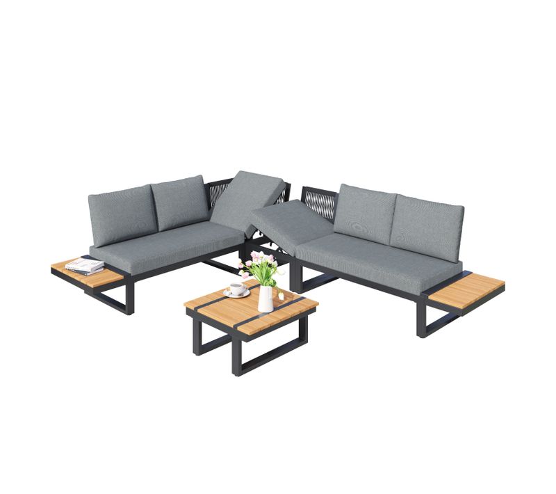 Salon De Jardin Modulable 2 Bains De Soleil Avec Table Basse, Acier Et Polyester Gris