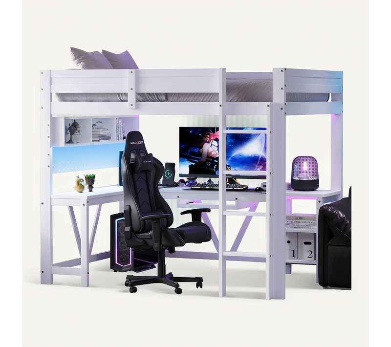 Lit Mezzanine Enfant 90x200 Cm Avec Bureau, LED Et Ports USB, Bois Blanc