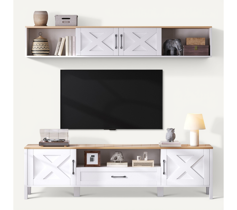 Meuble TV Blanc Et Bois 180x40x50 Cm Avec Étagère Suspendue Murale, 4 Portes Et 1 Tiroir