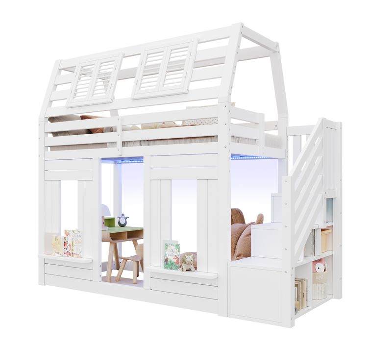 Lit Superposé Enfant 90x200 Cm Bois Blanc Avec Escalier Rangement Et LED