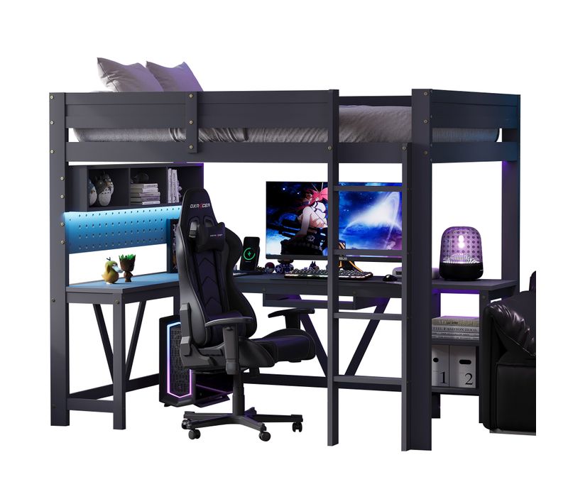 Lit Mezzanine Enfant 90x200 Cm Avec Bureau, LED, Ports USB, Prises, Bois Gris