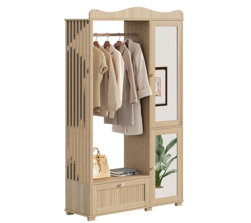 Armoire Ouverte 115,5x38,5x194,5 Cm Coloris Chêne Avec Miroir, Tiroir Et 2 Portes
