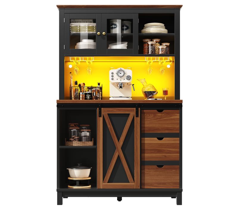 Buffet De Cuisine Noir, Armoire Haut LED 104x40x180 Cm Avec 3 Tiroirs Et 3 Portes