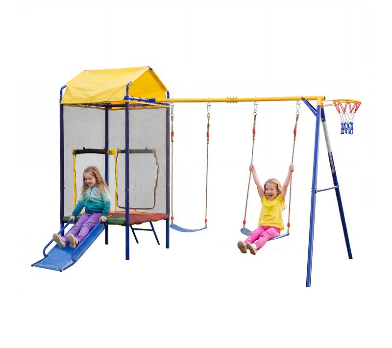 Aire De Jeux Extérieure 4-en-1 Avec Trampoline, Double Balançoire, Toboggan Et Panier De Basket