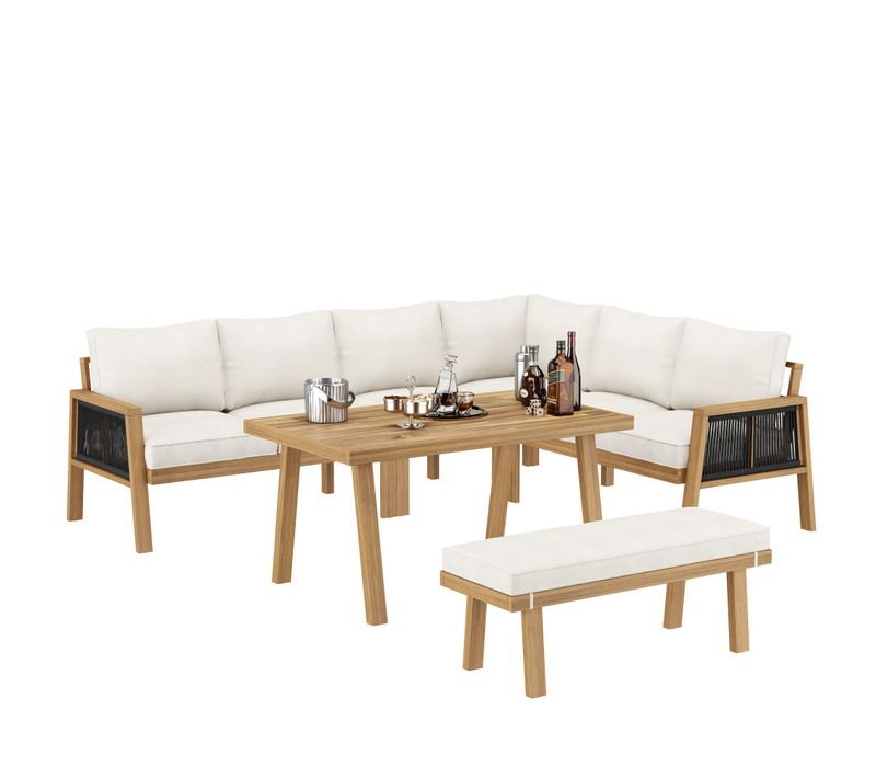 Salon De Jardin D’angle Canapé + Banc 8 Places Avec Table 120x61 Cm, Bois Et Crème