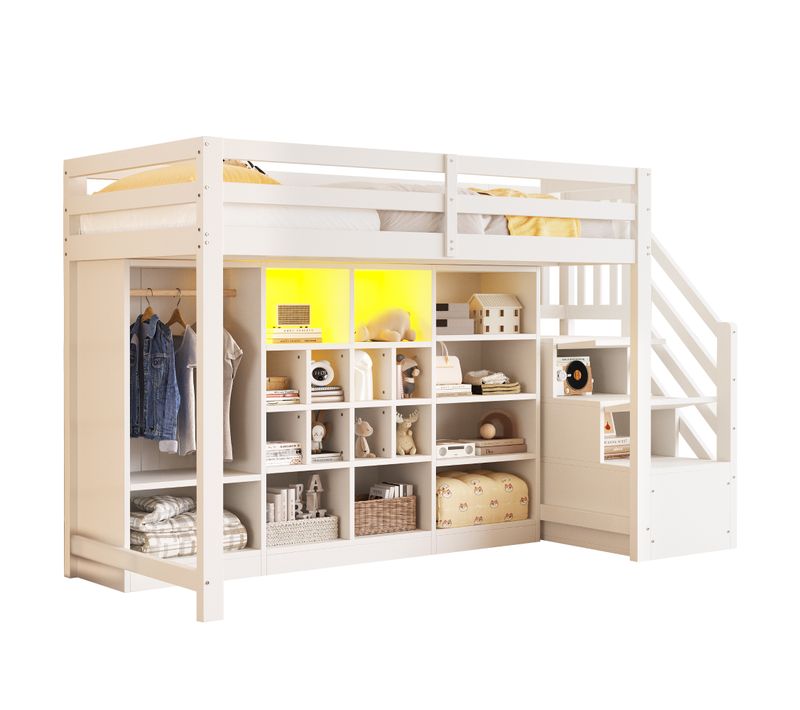 Lit Mezzanine Enfant 90x200 Cm Avec LED, Rangements Et Armoire, Bois Blanc