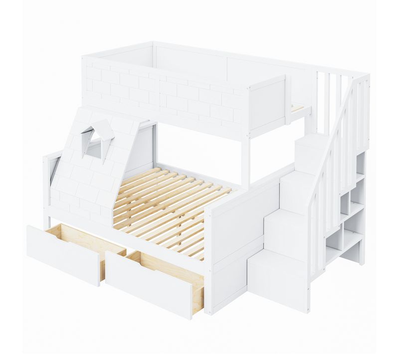 Lit Superposé Enfant 90x200/140x200 Cm Avec 2 Tiroirs Et Escalier De Rangement, En Bois Blanc