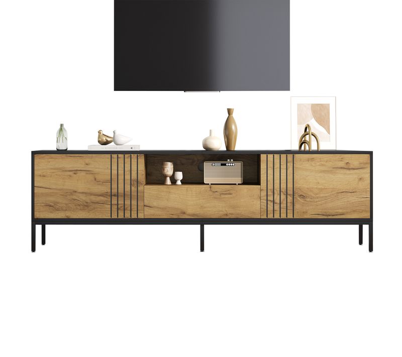Meuble TV 170x35x50 Cm Avec 2 Portes, Tiroir Et Niche Ouverte, Chêne Et Noir