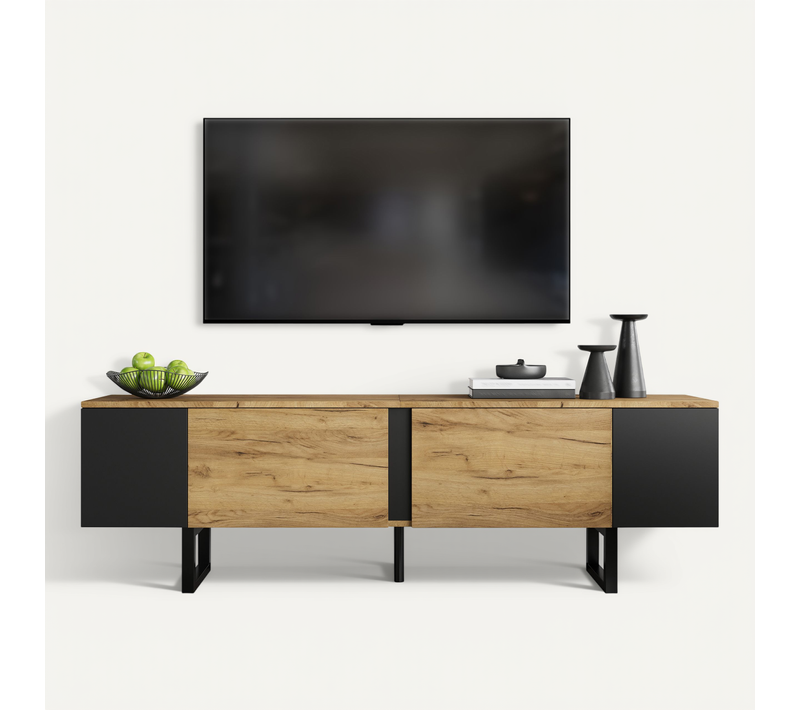 Meuble TV 180x40x55 Cm Naturel Et Noir Avec 2 Portes Et Niches Ouvertes