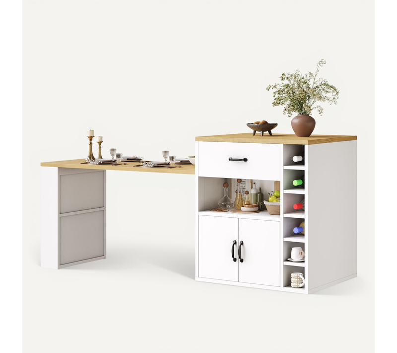 Meuble De Bar, Îlot De Cuisine Avec Table Extensible 60-113 Cm, 2 Tiroirs, 4 Portes, Blanc