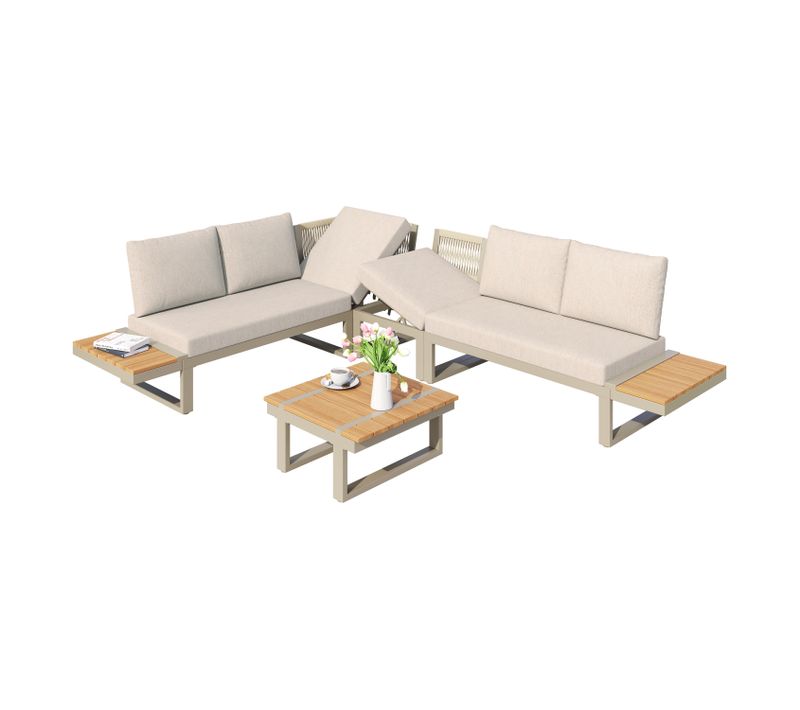 Salon De Jardin Canapés Modulable Convertible En 2 Bains De Soleil Avec Table Basse, Beige