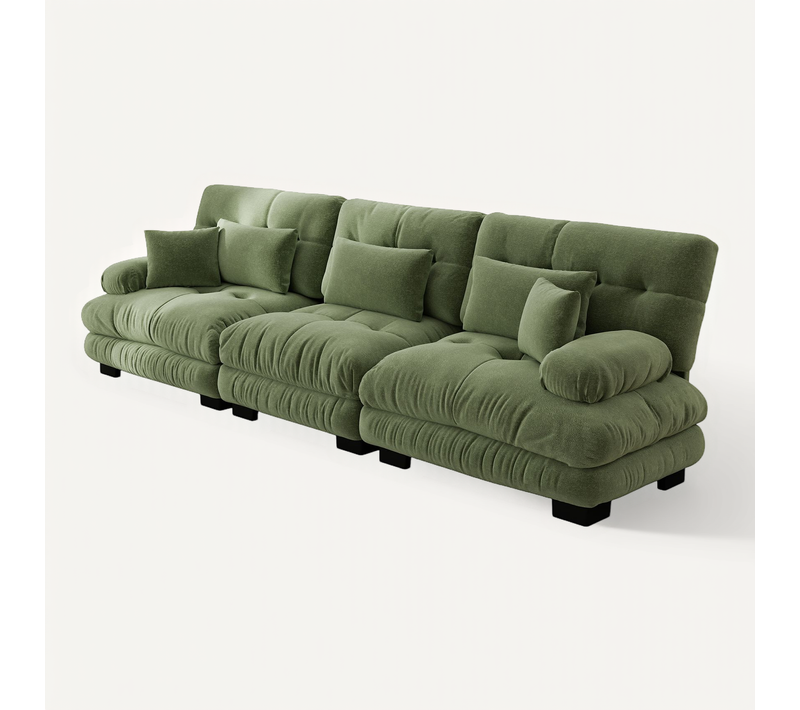 Canapé Modulable 3 Places 313x77x81 Cm En Chenille Verte Avec Assise Profonde Et Coussins