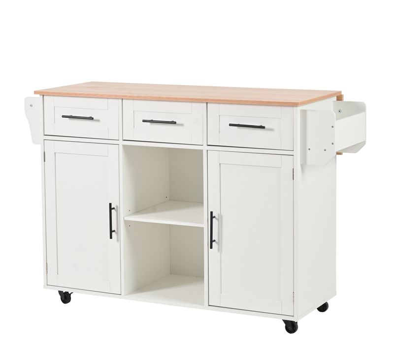 Desserte De Cuisine Bois Et Blanc Avec Roulettes, Plateau Rabattant, 2 Portes, 3 Tiroirs, Rangements