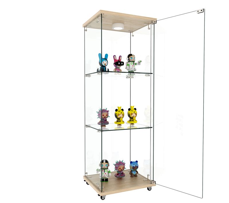 Vitrine En Verre Avec LED Colorées, Décor Bois Naturel - Rangement Pour Collections