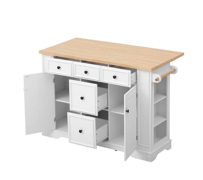 Desserte, Îlot De Cuisine Extensible Blanc Avec 5 Tiroirs, Étagères Réglables Et Prises USB