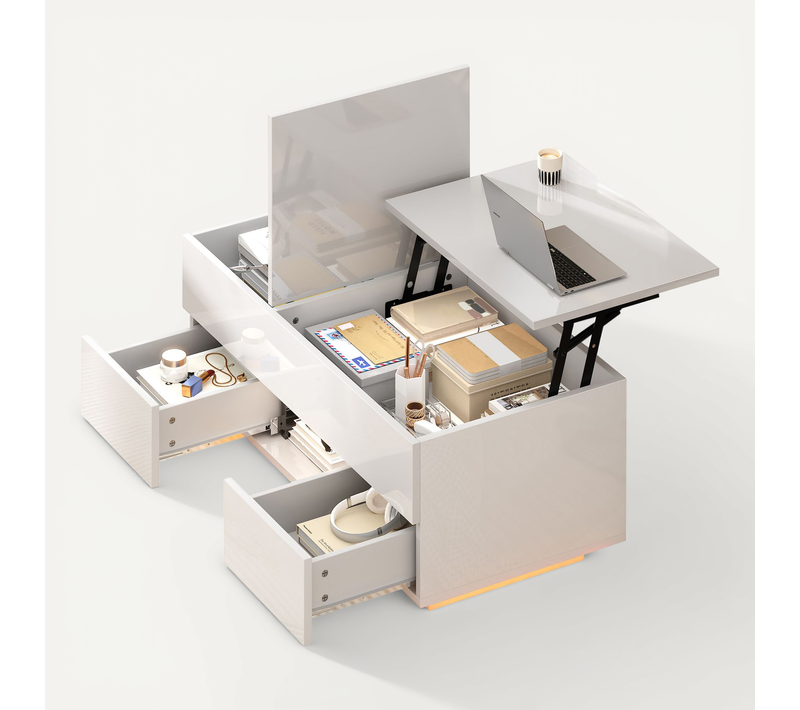 Table Basse Relevable LED 100x45x43 Cm Avec 2 Tiroirs, Bureau, Rangement Caché, Blanc Brillant