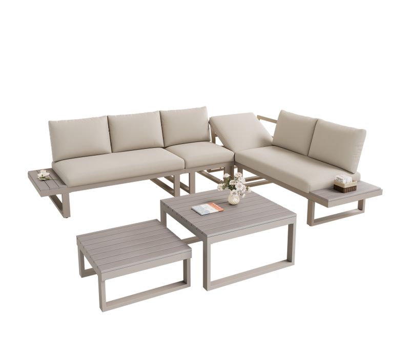 Salon De Jardin D’angle Modulable Inclinable 5 Positions Acier Kaki Avec 2 Tables Basses