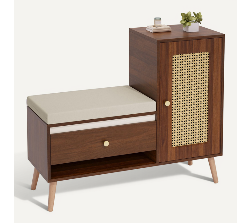 Meuble à Chaussures 95,5x35x80,5 Cm Noyer Avec Banc, Niche Ouverte, Tiroir Et Porte Aspect Rotin