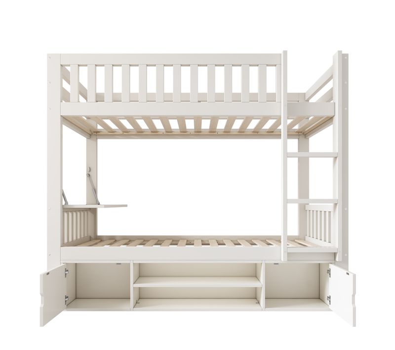 Lit Superposé Enfant 90x200 Cm Bois Blanc Avec Bureau Pliante, 2 Portes Et Étagères à Chaussures