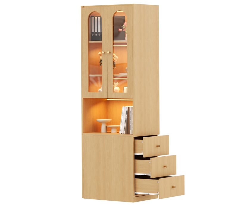 Vitrine Bibliothèque LED 60x40x200 Cm Bois Chêne Avec 3 Tiroirs Et 2 Portes En Verre Trempé