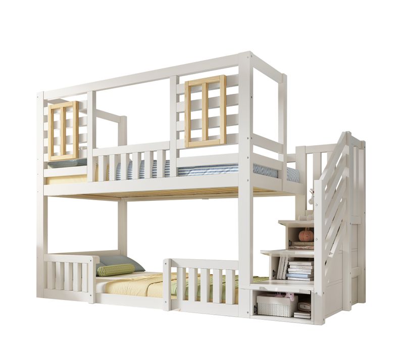 Lit Superposé Enfant 90x200 Cm Cabane Bois Blanc, Escalier De Rangements Et Barrières De Sécurité