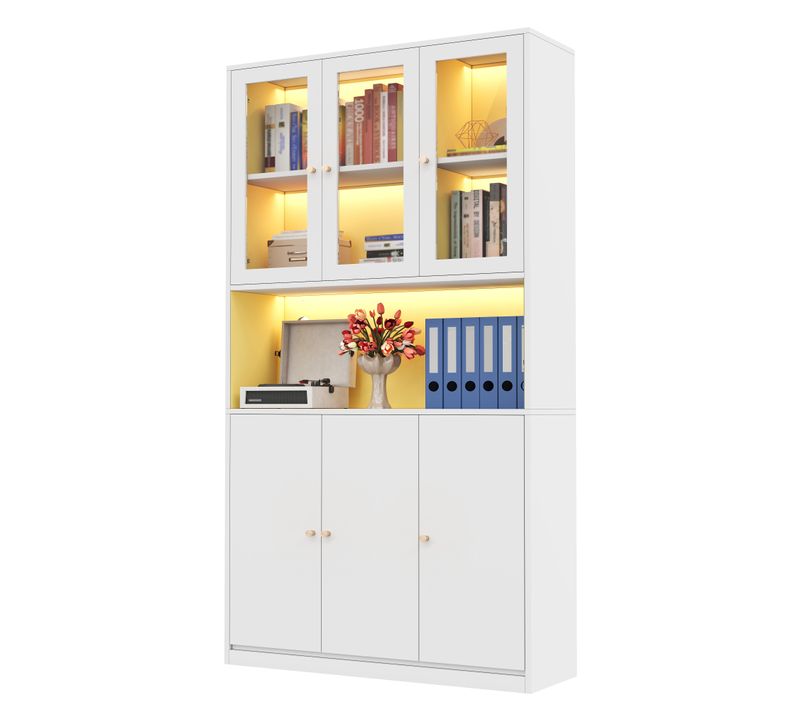 Vitrine Bibliothèque En Verre LED Et 6 Portes, Blanc 100x35x200 Cm