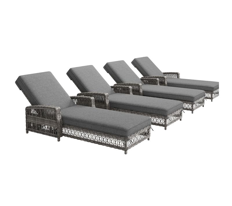 Lot De 4 Bains De Soleil De Jardin En Rotin Gris, Dossier Réglable, 4 Positions Avec Coussin