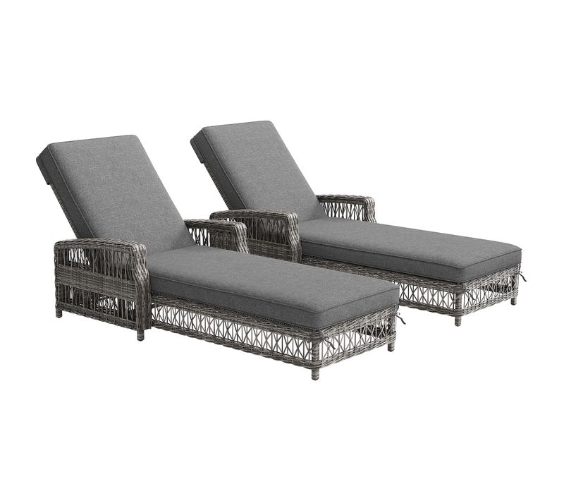 Lot De 2 Bains De Soleil De Jardin En Rotin Gris Avec Coussin Amovible Et Dossier Réglable