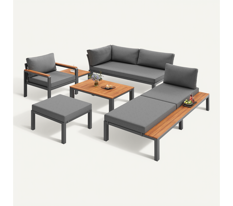 Salon De Jardin Modulaire 4-6 Places En Bois Et Métal Gris Avec 2 Tables Et Coussins