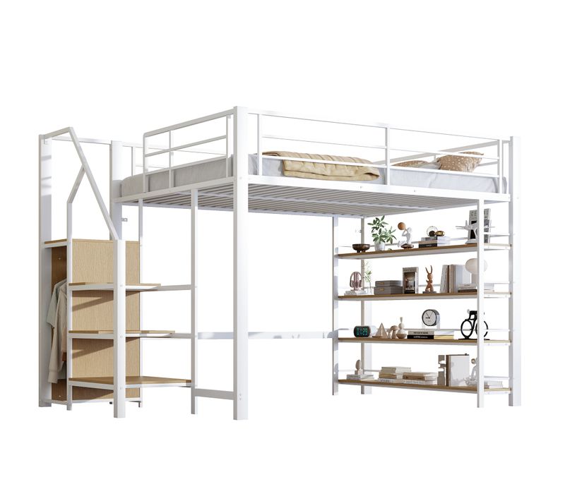Lit Mezzanine 140x200 Cm Avec Escalier, Étagères Et Penderie, Métal Blanc
