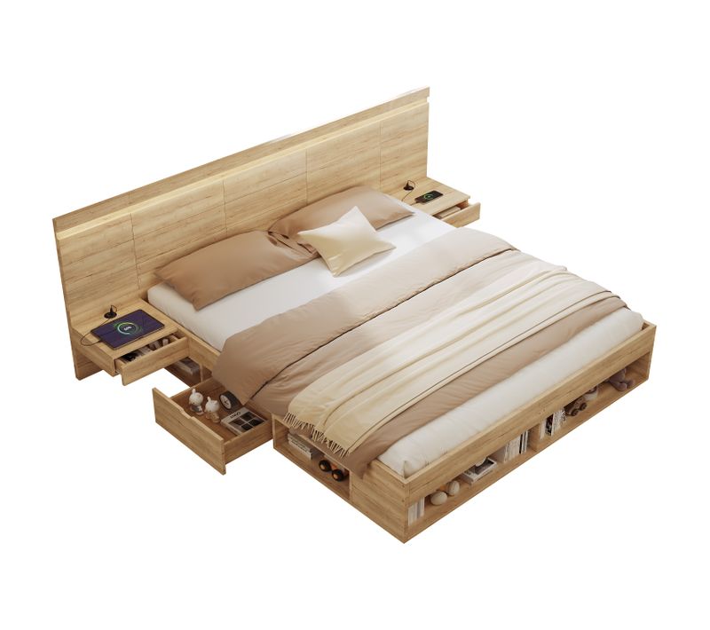 Lit Adulte 180x200 Cm Avec LED Et Tables De Chevet Intégrées, Ports USB Et 2 Tiroirs, Couleur Bois