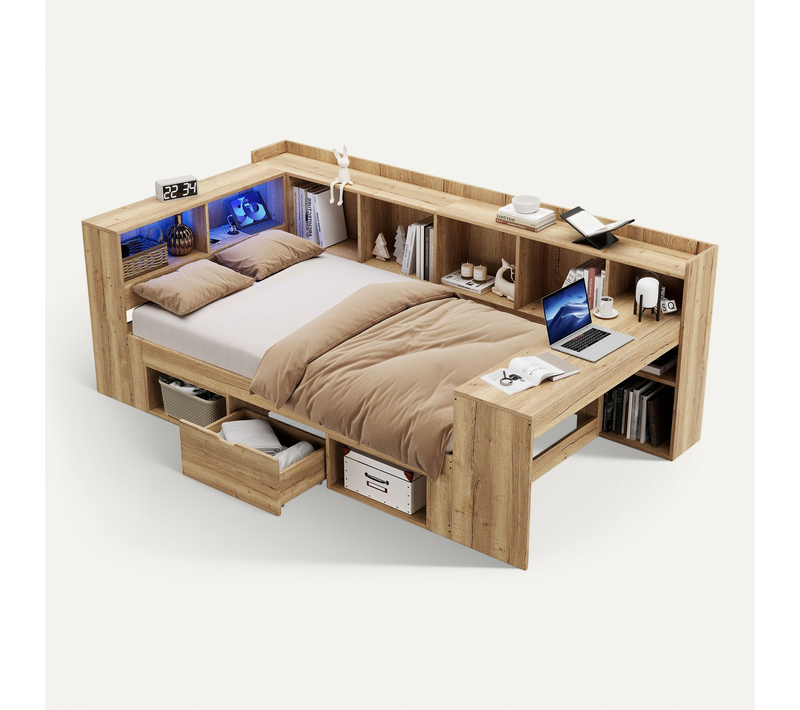 Lit Enfant 90x200 Cm Avec LED, Ports USB/type-c, Bureau Intégré, Bois Naturel