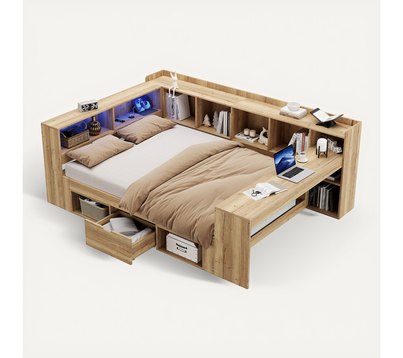 Lit 140x200 Cm 2 Places Avec Bureau, LED, Ports USB/type-c Et Rangements Bois Naturel