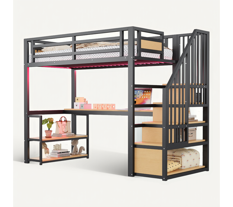Lit Mezzanine Enfant 90x200 Cm, USB/type-c, Escalier De Rangement, étagères Et Bureau, En Métal Noir
