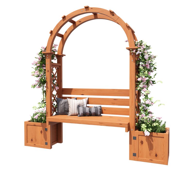 Banc Pergola De Jardin 160x30.5x160 Cm Bois Naturel Avec 2 Jardinières Et Treillis Arqué