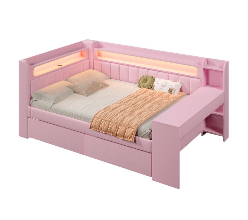 Lit Adulte 140x200 Cm Avec Bureau, étagères, Ports USB, LED Et 2 Tiroirs, En Lin Rose