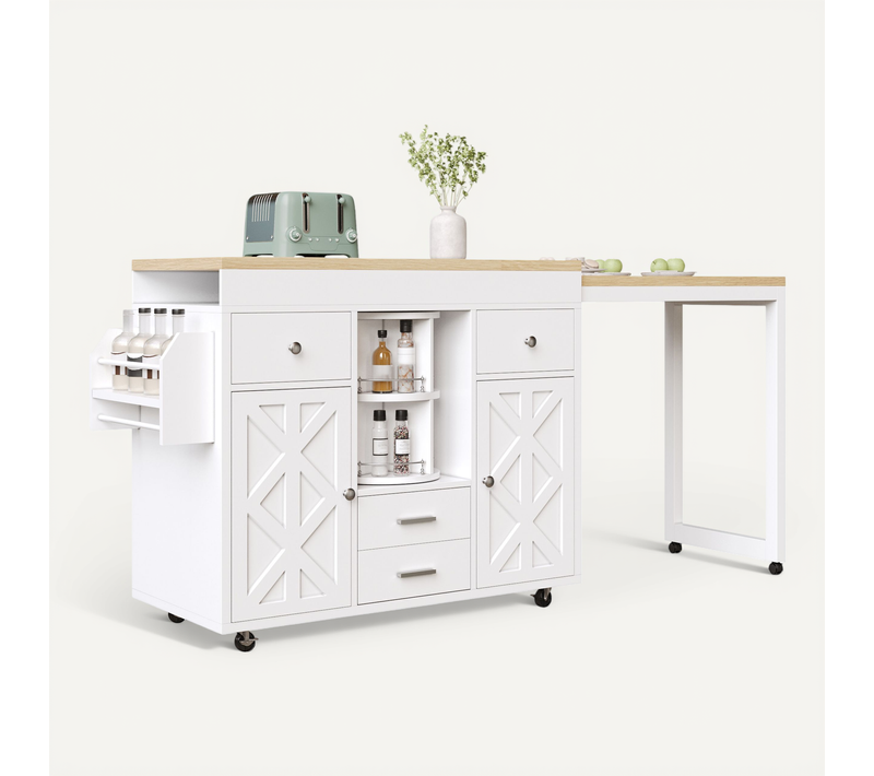 Table De Bar Extensible 110-180x40x91 Cm Blanche, 4 Tiroirs, étagères Réglables, Roulettes