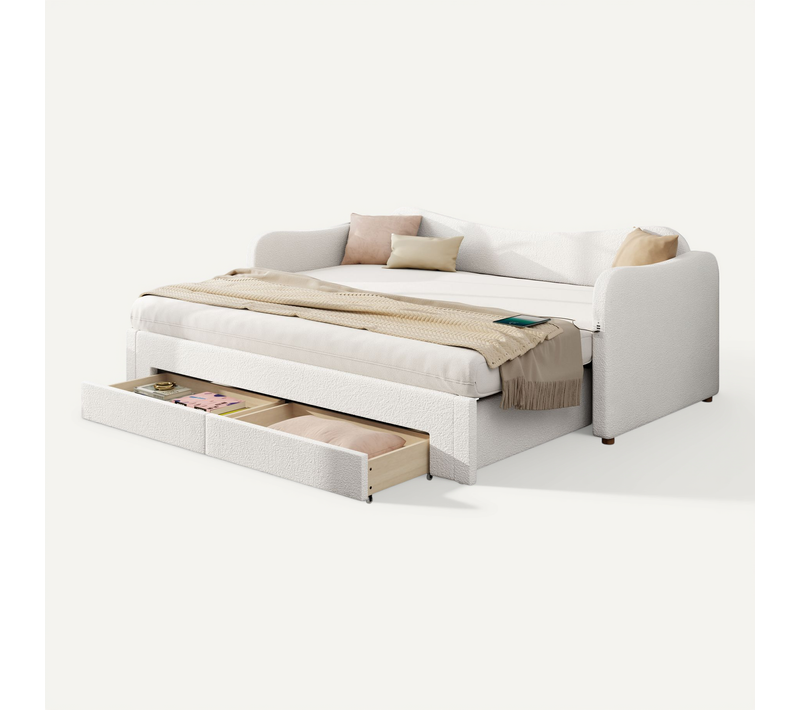 Lit Enfant Gigogne 90x200 Cm Extensible 180x200 Cm Tissu Bouclé Beige Avec 2 Tiroirs
