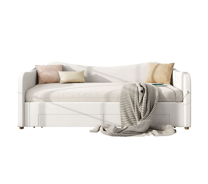 Lit Gigogne Extensible 90/180x200 Cm Velours Beige Avec 2 Tiroirs Et Sommier à Lattes
