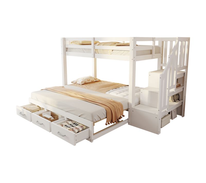 Lit Superposé Enfant 90x200 Cm Avec Lit Gigogne 90/180x190 Cm, 3 Tiroirs Et Rangement, Bois Blanc