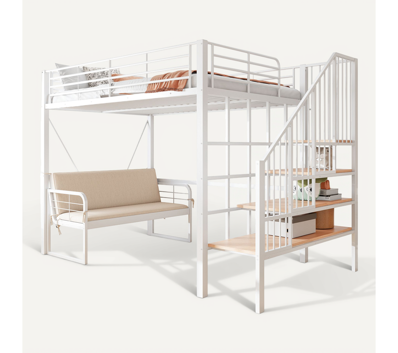 Lit Mezzanine Adulte 140x200 Cm En Métal Blanc Avec Escalier De Rangement Et Canapé Amovible